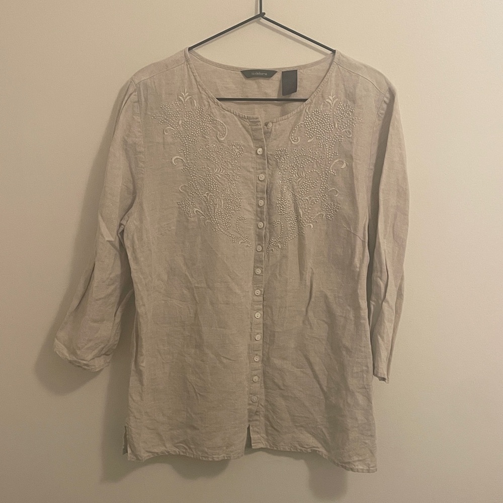 Liz Clairborne Embroidered linen blouse Size 10